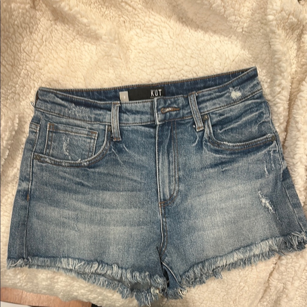 Kut from the Kloth Blue Jean Shorts Distressed Frayed Hem